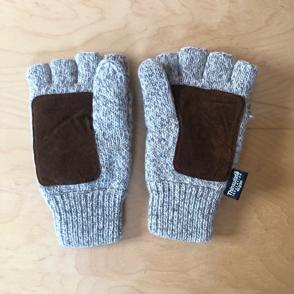 3M Thinsulate Gray and Brown Fingerless Convertible Gloves suede palm patches